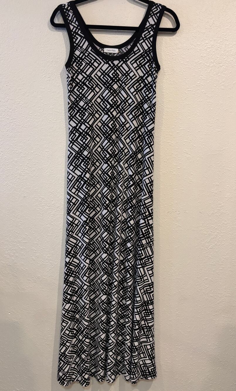 Calvin Klein Maxi Dress Womens Size Small Black White Sleeveless Flare